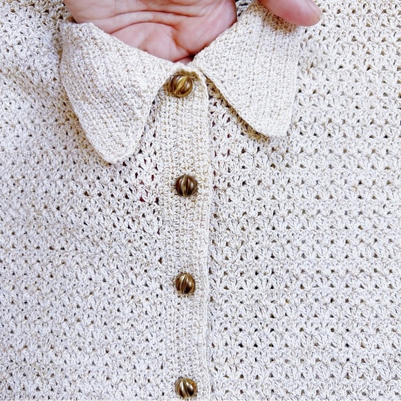 vintage • 50s cropped sweater cardigan cream gold sparkly metallic short sleeve - Picture 3 of 7